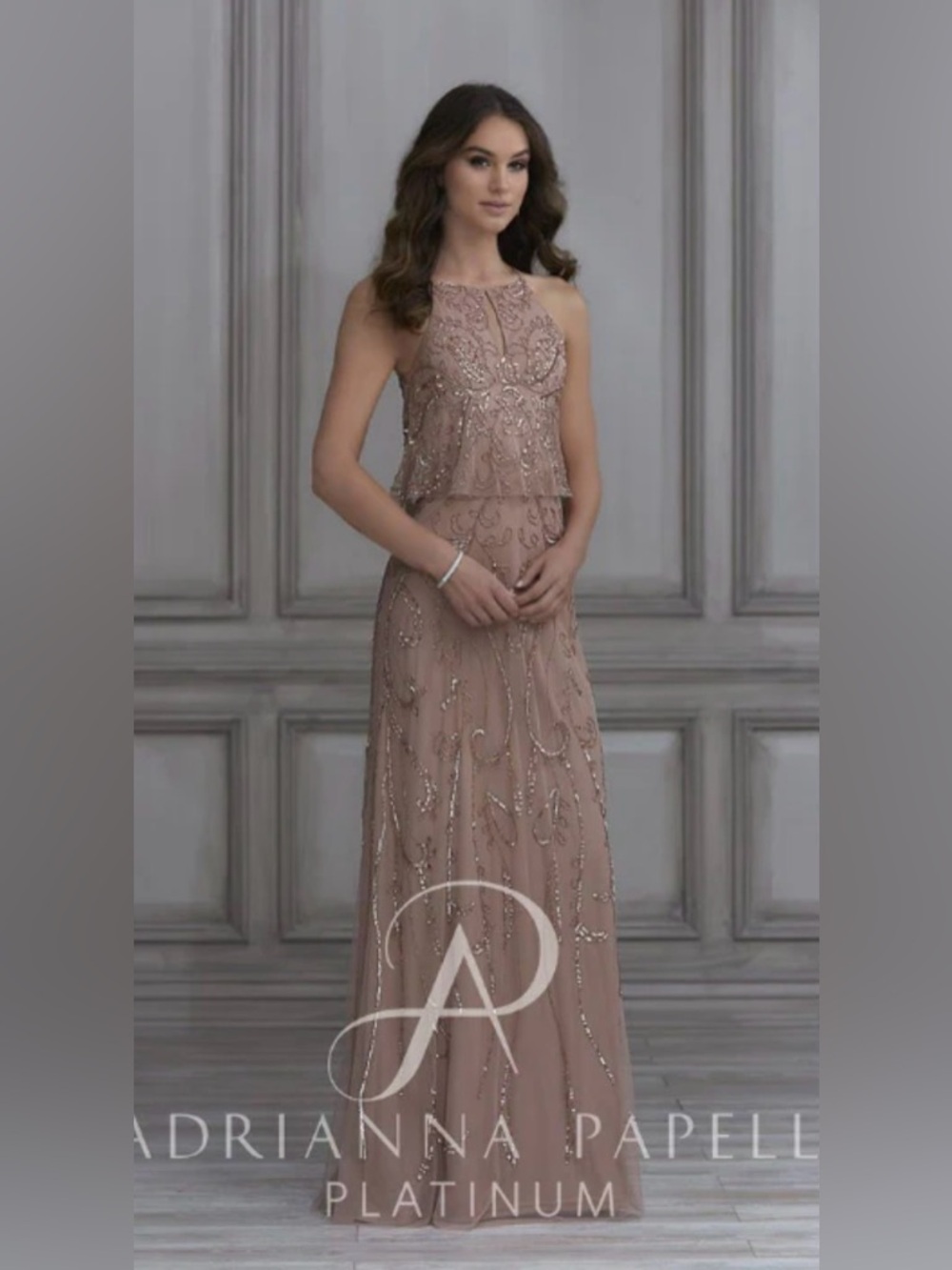 Adrianna Papell Maxi Dress in Dusty Rose Beaded Overlay